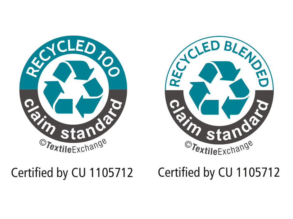 Das Symbol zeigt zwei Siegel: 'Recycled Blended claim standard' und 'Recycled 100 claim standard', beide zertifiziert von CU 1105712.