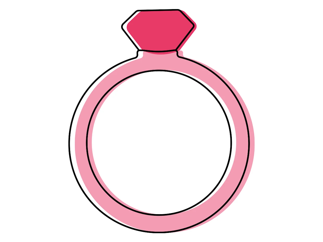 Rosa Ring mit rotem Edelstein in einfacher, illustrativer Darstellung.