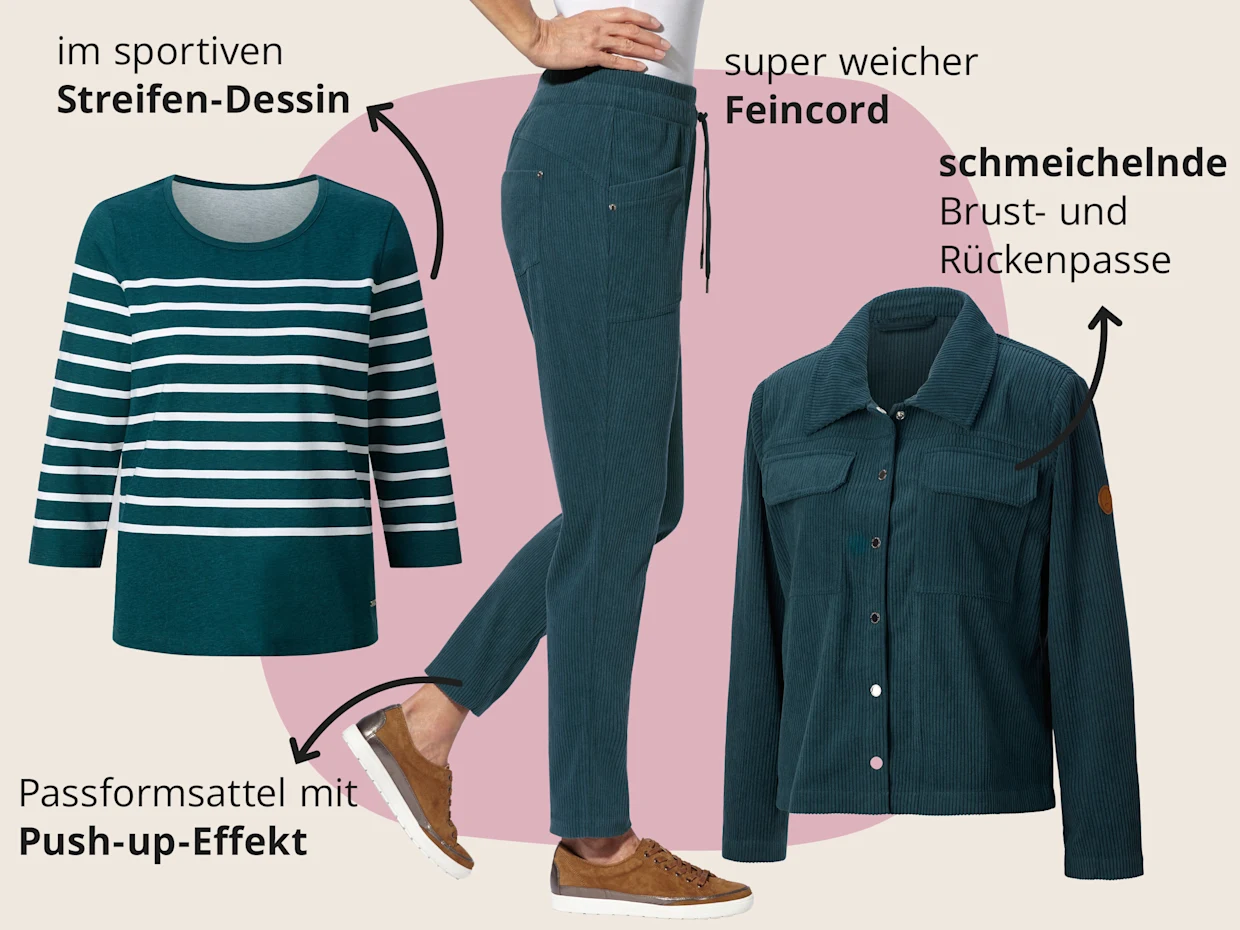 Das Bild zeigt eine petrolfarbene Cordjacke, ein petrol-geringeltes Shirt und eine petrolfarbene Cordhose vor beige-rosa Hintergrund mit schwarzem Text. Text zur Jacke: 'schmeichelnde Brust- und Rückenpasse'. Text zum Shirt: 'im sportiven Streifen-Dessin'. Text zur Hose: 'super weicher Feincord' 'Passformsattel mit Push-up-Effekt'. Das Bild zeigt eine petrolfarbene Cordjacke, ein petrol-geringeltes Shirt und eine petrolfarbene Cordhose vor beige-rosa Hintergrund mit schwarzem Text. Text zur Jacke: 'schmeichelnde Brust- und Rückenpasse'. Text zum Shirt: 'im sportiven Streifen-Dessin'. Text zur Hose: 'super weicher Feincord' 'Passformsattel mit Push-up-Effekt'.