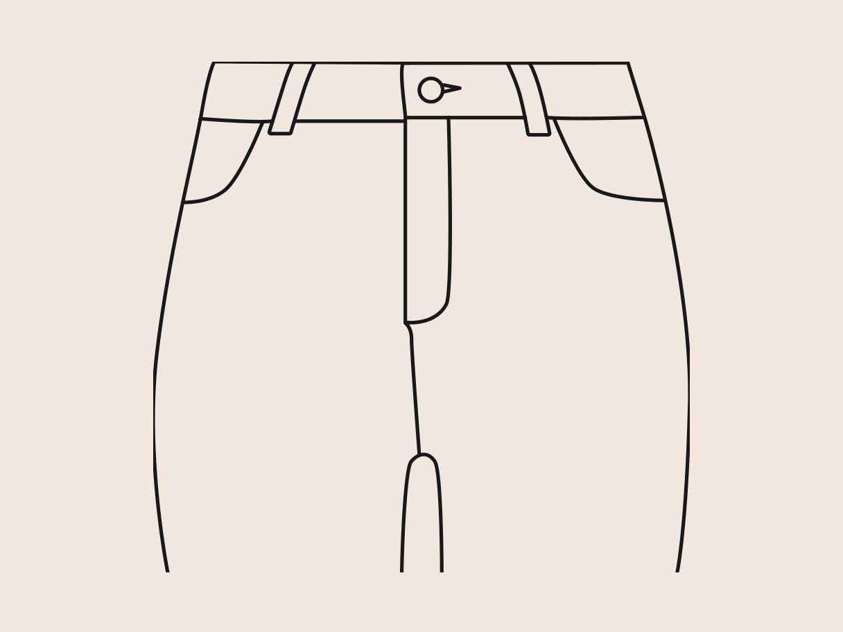 Lijntekening van een broek met zakken, riemlussen en knoopsluiting op een beige achtergrond.