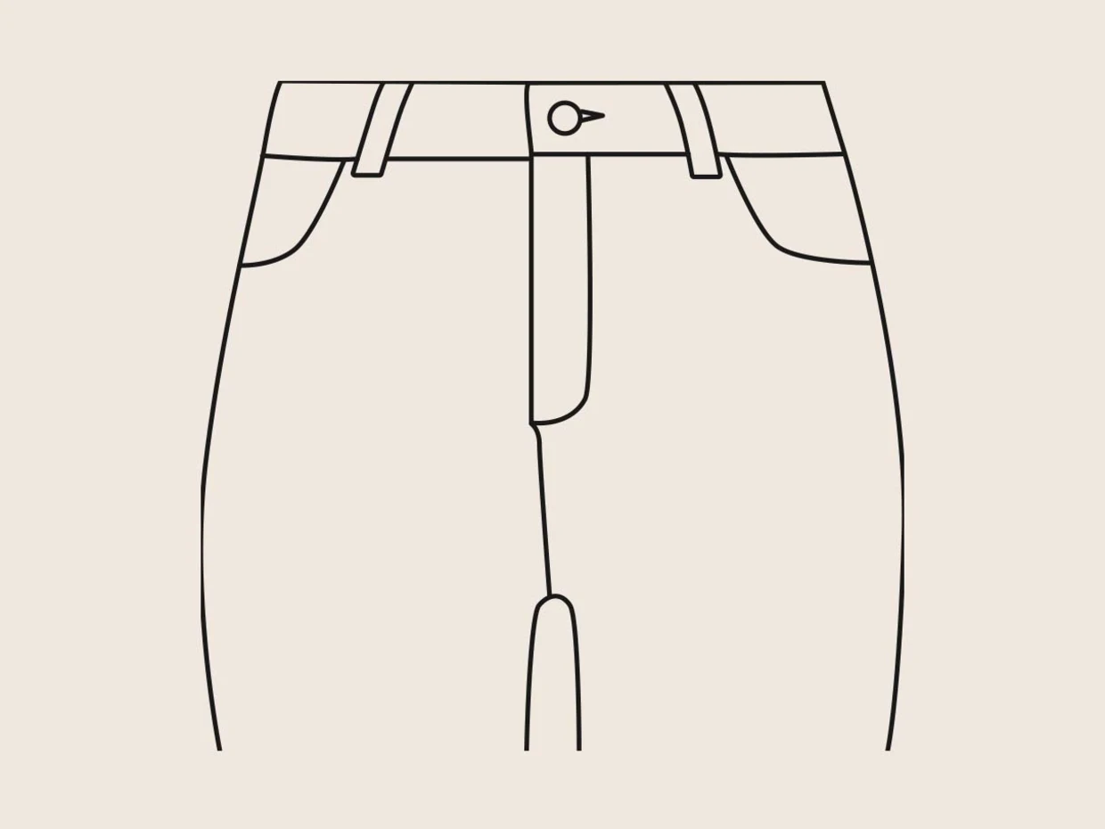 Minimalistische Zeichnung einer Jeans-Vorderseite mit Taschen, Gürtelschlaufen und Knopf.