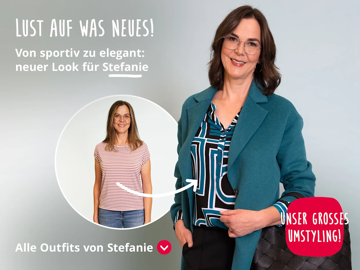 Ein Bild, das eine Frau nach einem Umstyling zeigt, mit einem kleineren Kreisbild der Frau vor dem Umstyling. Die Frau im Hauptbild lächelt, hat schulterlange braune Haare und trägt einen petrolfarbenen Mantel, eine blau weiß schwarz gemusterte Bluse, schwarze Hose und eine schwarze Handtasche. Der Hintergrund ist blau grau. Text auf dem Bild lautet: 'LUST AUF WAS NEUES! Von sportiv zu elegant: neuer Look für Stefanie' und 'UNSER GROSSES UMSTYLING!'. Ein Bild, das eine Frau nach einem Umstyling zeigt, mit einem kleineren Kreisbild der Frau vor dem Umstyling. Die Frau im Hauptbild lächelt, hat schulterlange braune Haare und trägt einen petrolfarbenen Mantel, eine blau weiß schwarz gemusterte Bluse, schwarze Hose und eine schwarze Handtasche. Der Hintergrund ist blau grau. Text auf dem Bild lautet: 'LUST AUF WAS NEUES! Von sportiv zu elegant: neuer Look für Stefanie' und 'UNSER GROSSES UMSTYLING!'.