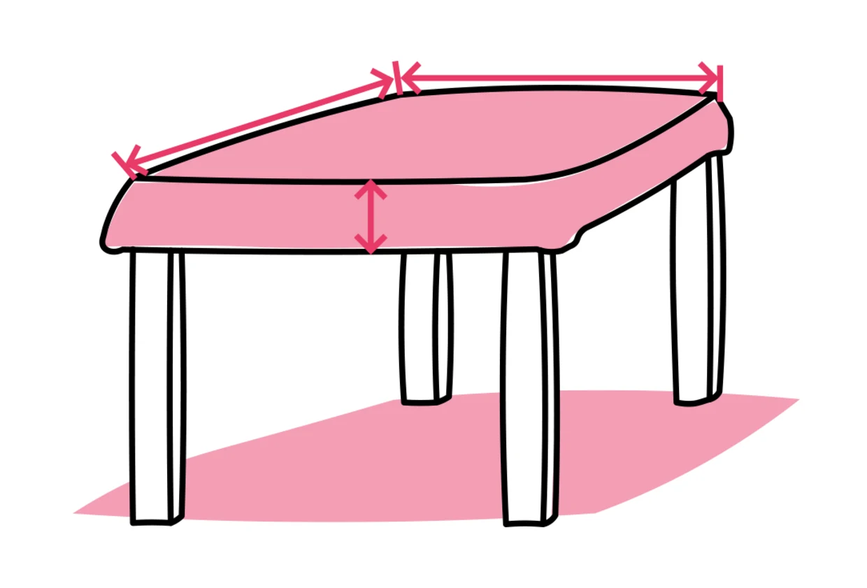 Illustration eines Tisches mit rosafarbener Tischplatte, darauf Pfeile zur Darstellung von Länge, Breite und Höhe. Illustration eines Tisches mit rosafarbener Tischplatte, darauf Pfeile zur Darstellung von Länge, Breite und Höhe.