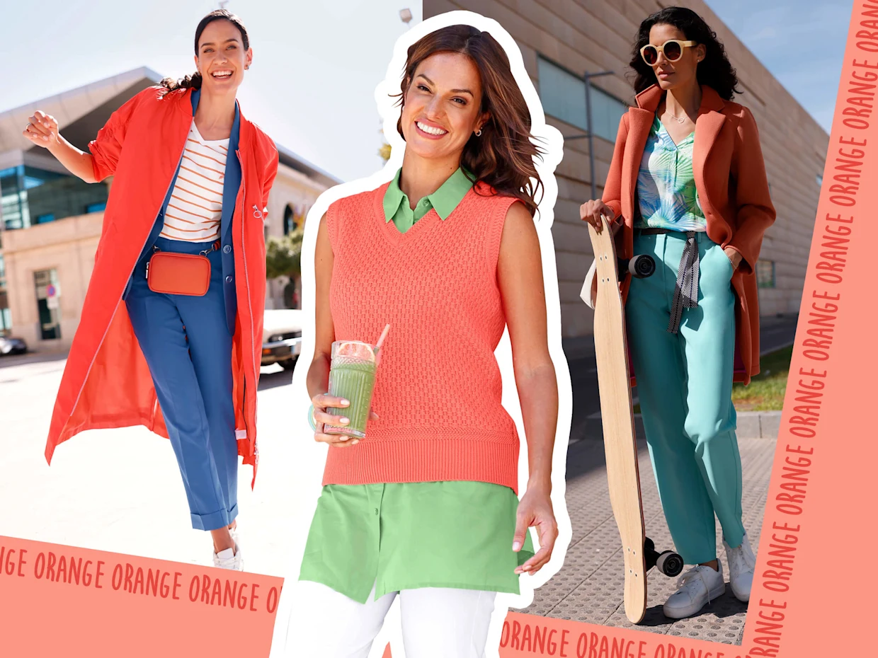 Collage mit drei Models: Das Model auf der linken Seite trägt ein papaya-ecru-geringeltes Shirt unter einem orangenen Blouson-Mantel, das Model in der Mitte trägt einen korallfarbenen Pullunder in Strickstruktur und das Model auf der rechten Seite trägt einen papayafarbenen Mantel. Collage mit drei Models: Das Model auf der linken Seite trägt ein papaya-ecru-geringeltes Shirt unter einem orangenen Blouson-Mantel, das Model in der Mitte trägt einen korallfarbenen Pullunder in Strickstruktur und das Model auf der rechten Seite trägt einen papayafarbenen Mantel.