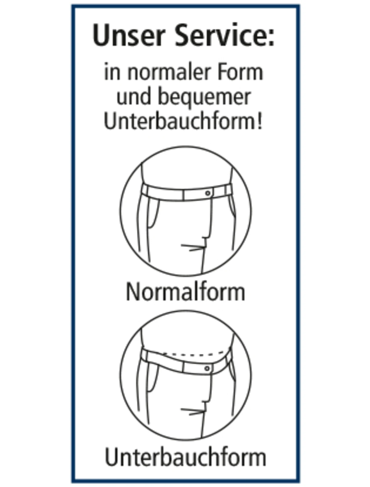 Grafik mit der Überschrift "Unser Service: in normaler Form und bequemer Unterbauchform", darunter zwei Illustrationen von Hosenformen, Normalform und Unterbauchform. Grafik mit der Überschrift "Unser Service: in normaler Form und bequemer Unterbauchform", darunter zwei Illustrationen von Hosenformen, Normalform und Unterbauchform.