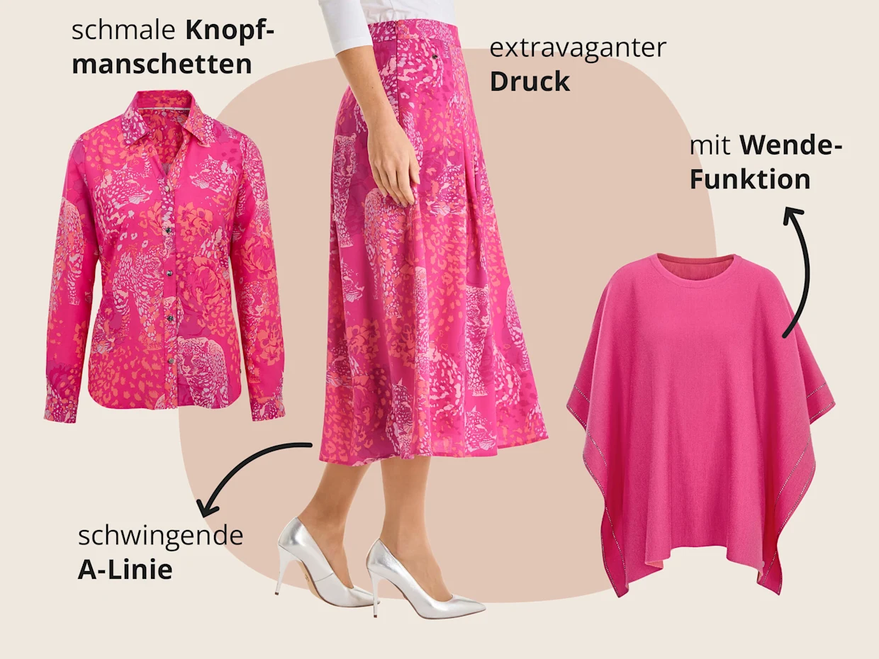Das Bild zeigt eine fuchsia-koralle-bedruckte Druckbluse, einen fuchsia-korallefarbenen Strickponcho und einen fuchsia-koralle-bedruckten A-Linien-Rock vor beige-orangenem Hintergrund mit schwarzem Text. Text zur Bluse: 'schmale Knopfmanschetten'. Text zum Poncho: 'mit Wende-Funktion'. Text zum Rock: 'extravaganter Druck' 'schwingende A-Linie'. Das Bild zeigt eine fuchsia-koralle-bedruckte Druckbluse, einen fuchsia-korallefarbenen Strickponcho und einen fuchsia-koralle-bedruckten A-Linien-Rock vor beige-orangenem Hintergrund mit schwarzem Text. Text zur Bluse: 'schmale Knopfmanschetten'. Text zum Poncho: 'mit Wende-Funktion'. Text zum Rock: 'extravaganter Druck' 'schwingende A-Linie'.