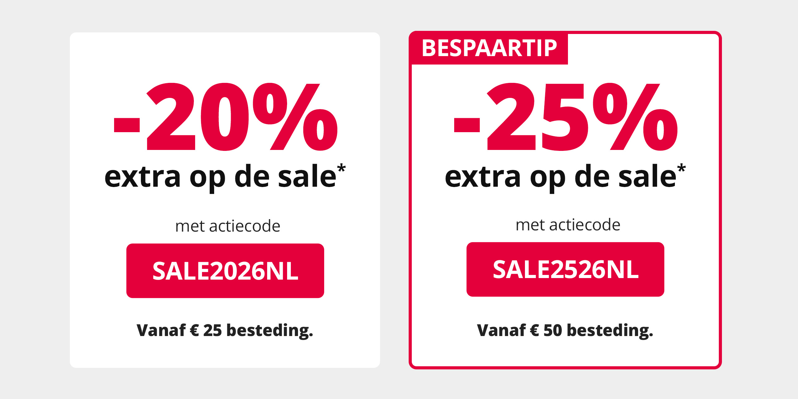 Banner: -25% extra auf Sale ab 50 € (Code: SALE2526NL) und -20% extra ab 25 € (Code: SALE2026NL).