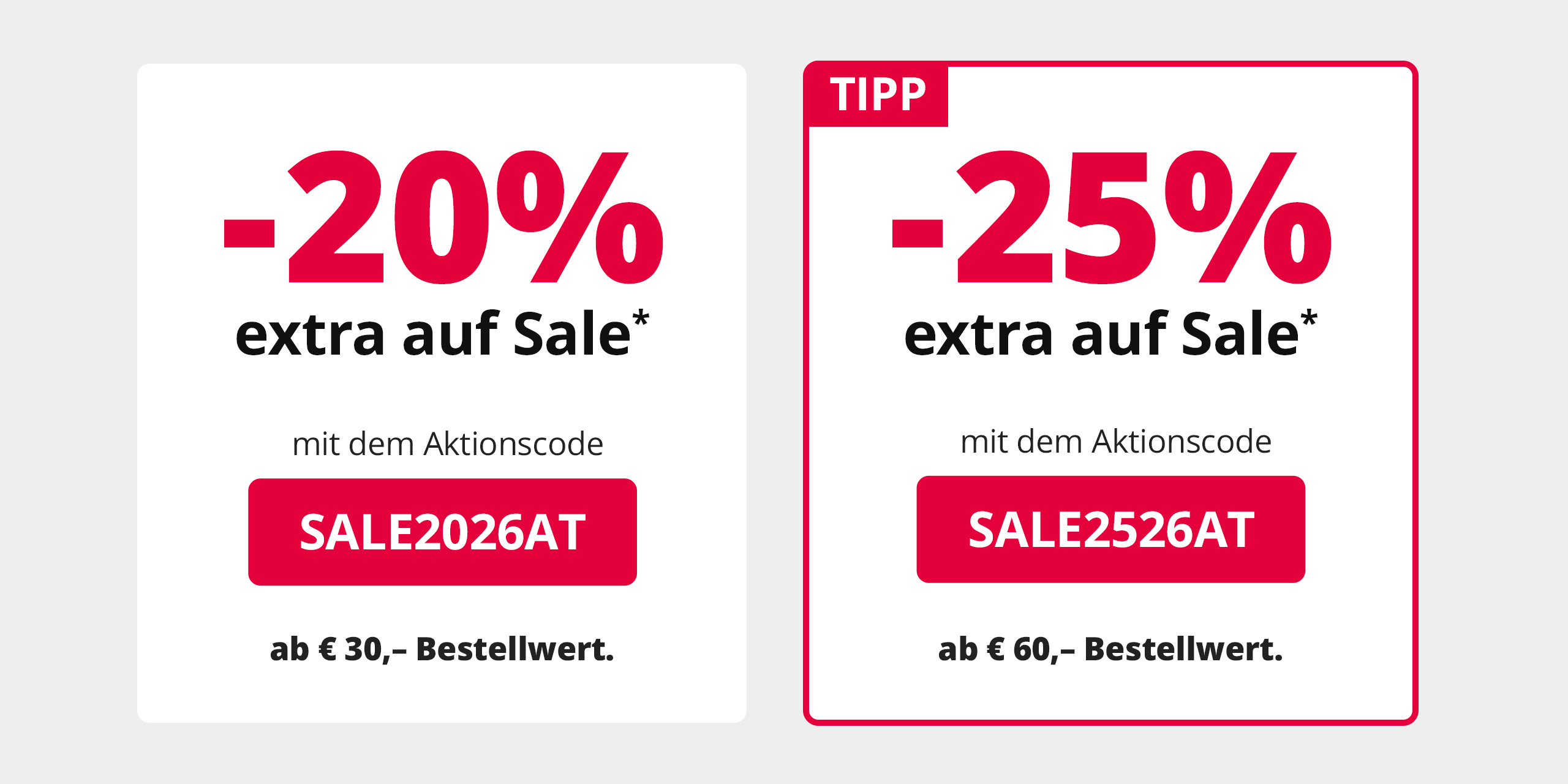 Banner: -25% extra auf Sale ab 50 € (Code: SALE2526AT) und -20% extra ab 25 € (Code: SALE2026AT).