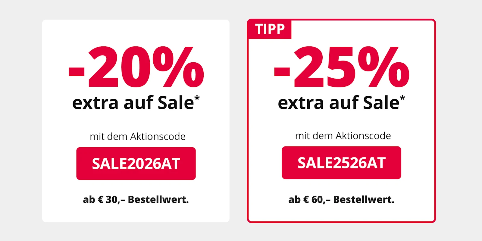 Banner: -25% extra auf Sale ab 50 € (Code: SALE2526AT) und -20% extra ab 25 € (Code: SALE2026AT).