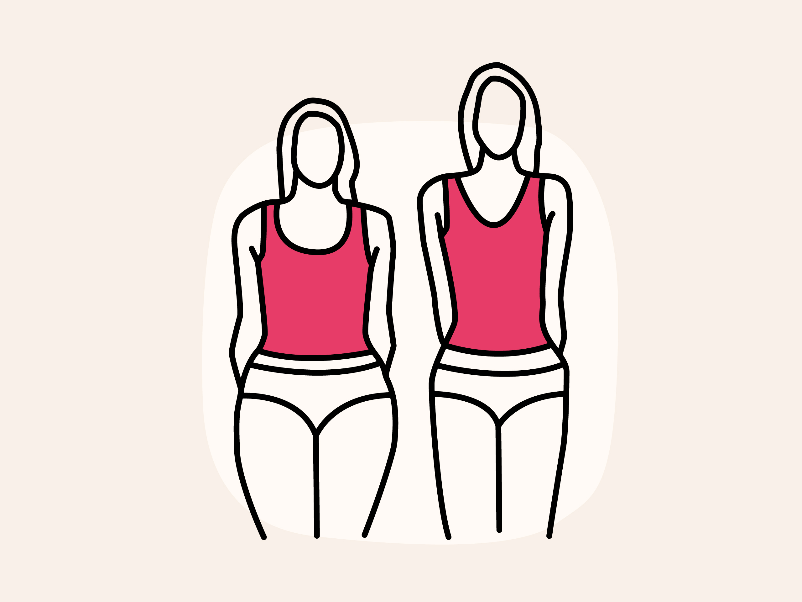 Zwei Frauenfiguren in pinken Tops zeigen Größenvielfalt.