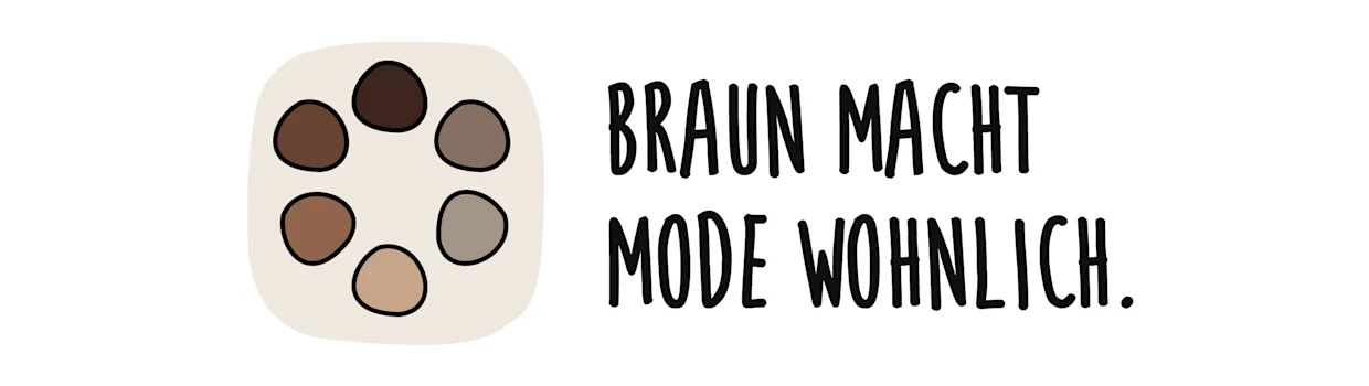 Grafik mit sechs braunen Farbpunkten im Kreis und dem handgeschriebenen Text: Braun macht Mode wohnlich. Grafik mit sechs braunen Farbpunkten im Kreis und dem handgeschriebenen Text: Braun macht Mode wohnlich.
