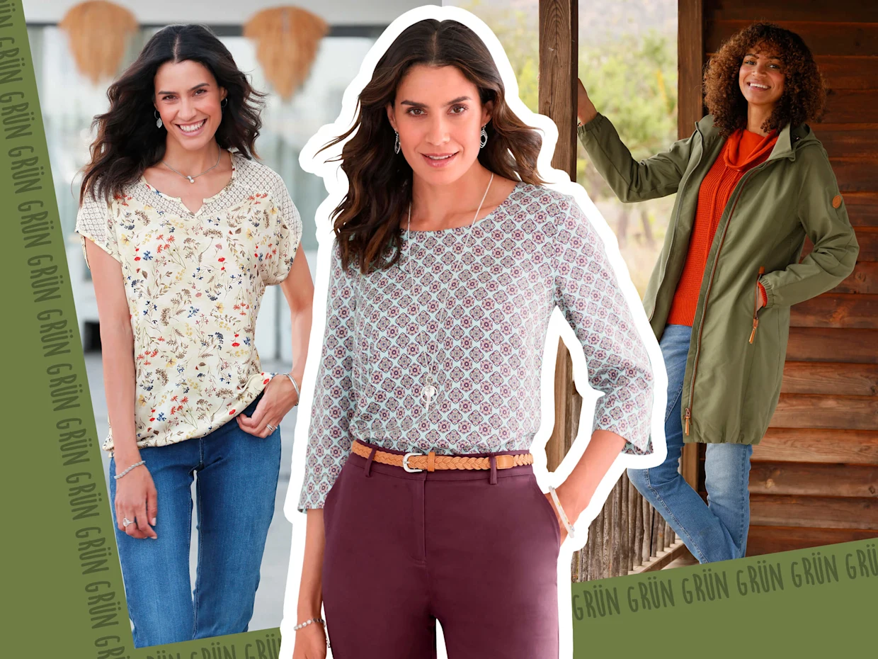 Collage mit drei Models: Das Model auf der linken Seite trägt ein schilf-flamingo-bedrucktes Shirt, das Model in der Mitte trägt eine mint-marine-bedruckte Bluse und das Model auf der rechten Seite trägt einen olivfarbenen Kurzmantel. Collage mit drei Models: Das Model auf der linken Seite trägt ein schilf-flamingo-bedrucktes Shirt, das Model in der Mitte trägt eine mint-marine-bedruckte Bluse und das Model auf der rechten Seite trägt einen olivfarbenen Kurzmantel.