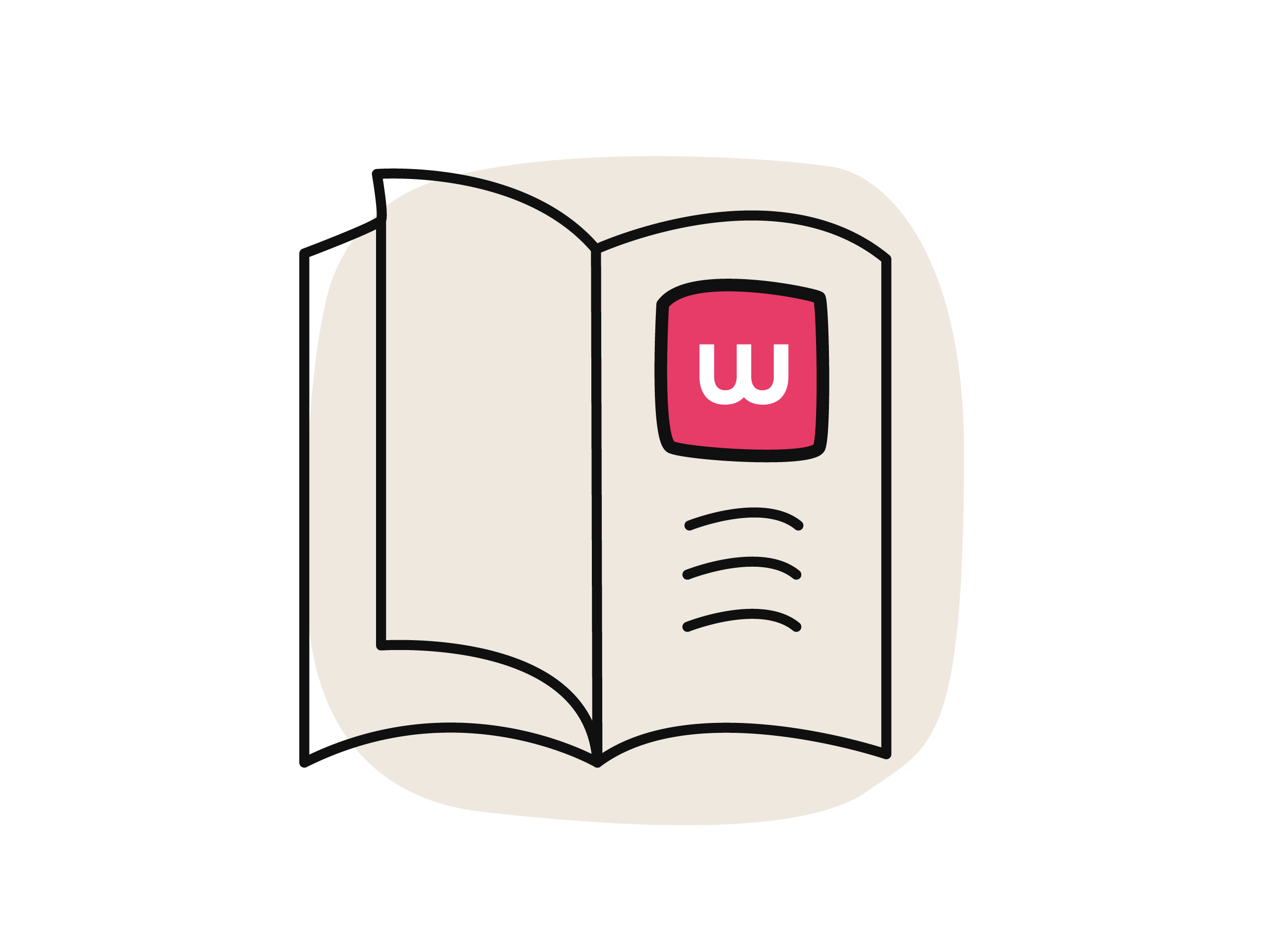 Illustration eines aufgeschlagenen Katalogs oder Hefts mit stilisierten Bildern und Textzeilen.