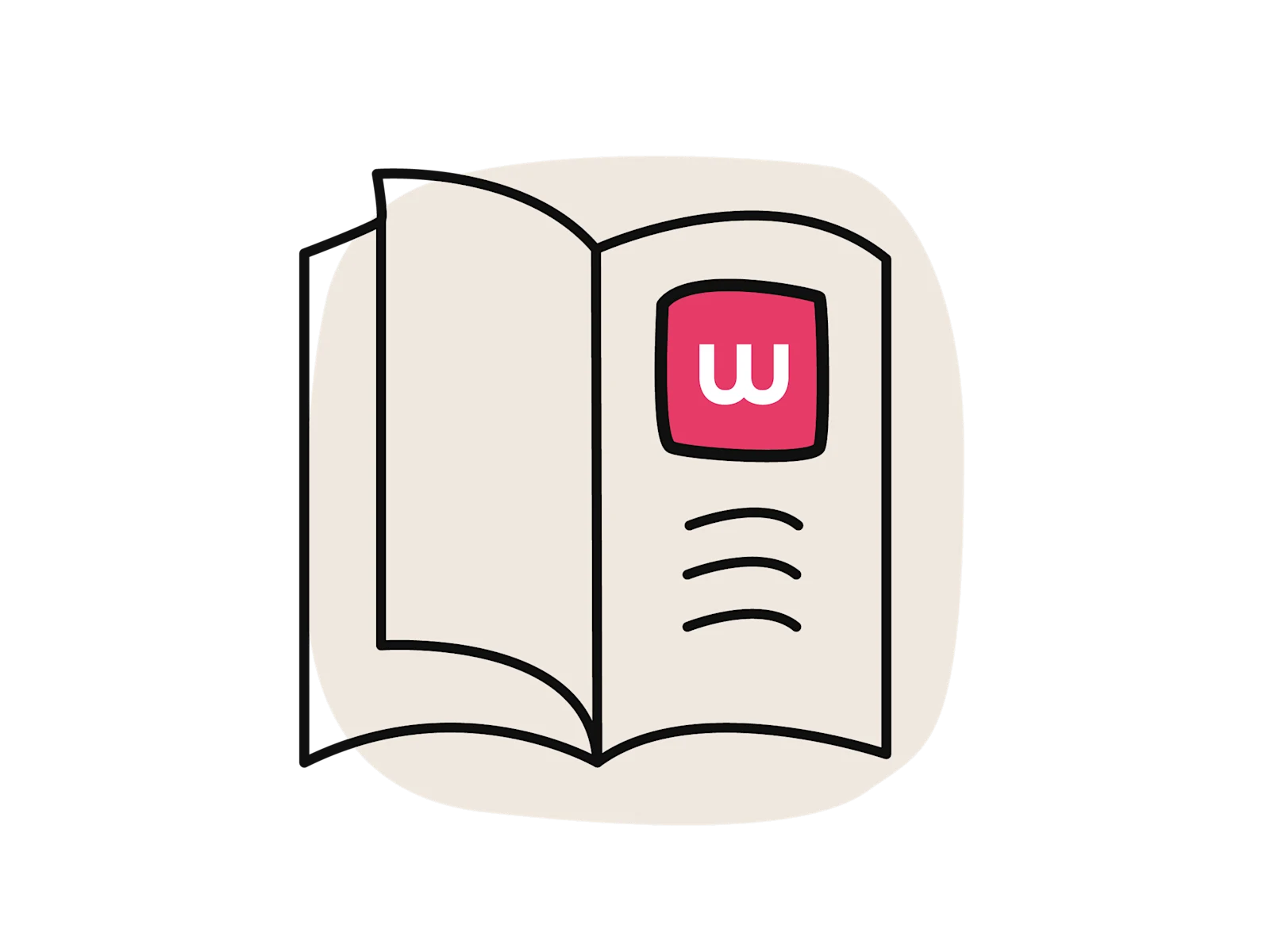 Illustration eines aufgeschlagenen Katalogs oder Hefts mit stilisierten Bildern und Textzeilen.