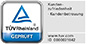 Ein Logo mit dem Text 'TÜV Rheinland GEPRÜFT, Kundenzufriedenheit - Kundenbetreuung, www.tuv.com ID 0000021842' auf grauem Hintergrund.