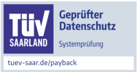 TÜV Saarland Zertifikat für geprüften Datenschutz, Systemprüfung, mit Link tuev-saar.de/payback .