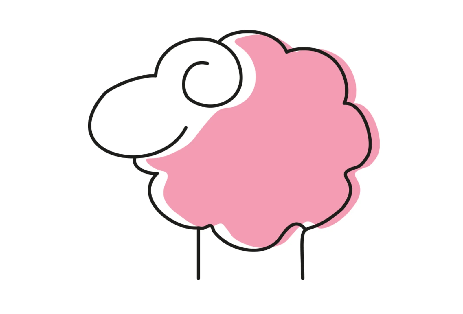 Illustration eines stilisierten Schafs mit rosa Wolle und einfachen schwarzen Linien auf weißem Hintergrund. Illustration eines stilisierten Schafs mit rosa Wolle und einfachen schwarzen Linien auf weißem Hintergrund.
