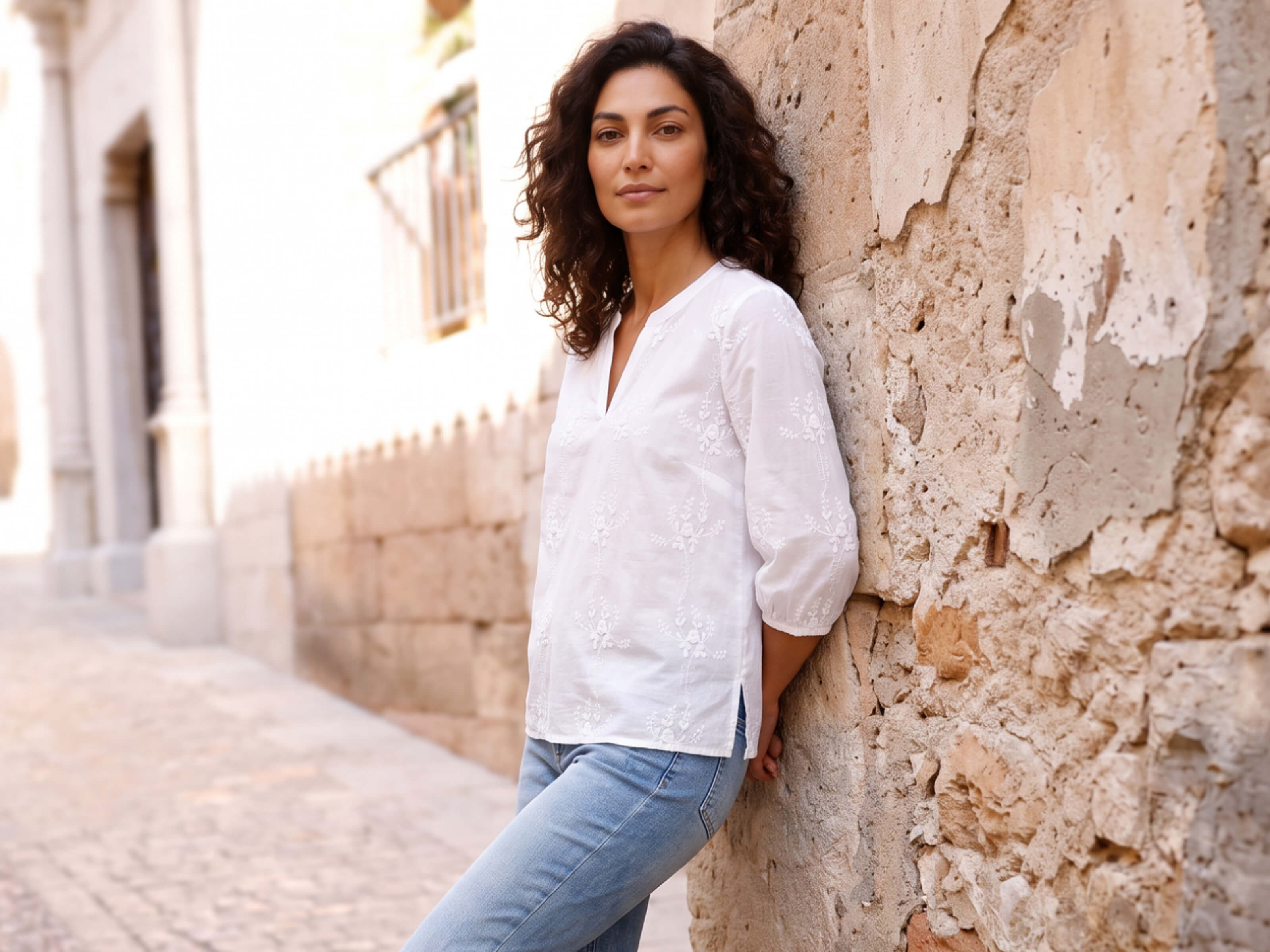 Ein Model trägt eine weiße Bluse, helle Jeans und braune Loafer an einer alten Steinmauer.