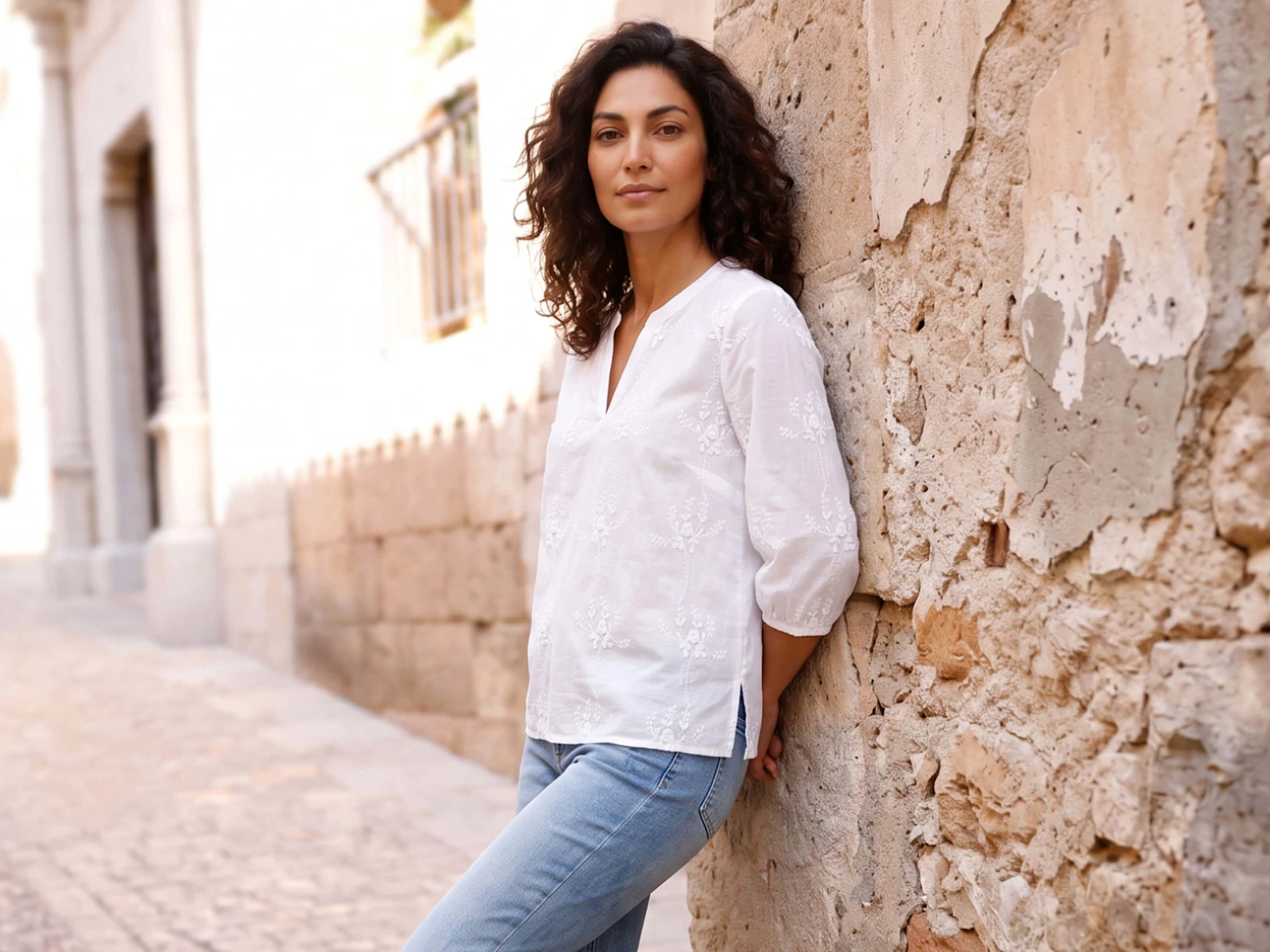 Ein Model trägt eine weiße Bluse, helle Jeans und braune Loafer an einer alten Steinmauer.
