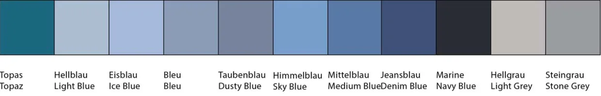 Farbpalette mit neun Farbtönen von Blau bis Grau, darunter Topas, Hellblau, Eisblau, Taubenblau, Himmelblau, Mittelblau, Jeansblau, Marine, Hellgrau und Steingrau. Farbpalette mit neun Farbtönen von Blau bis Grau, darunter Topas, Hellblau, Eisblau, Taubenblau, Himmelblau, Mittelblau, Jeansblau, Marine, Hellgrau und Steingrau.