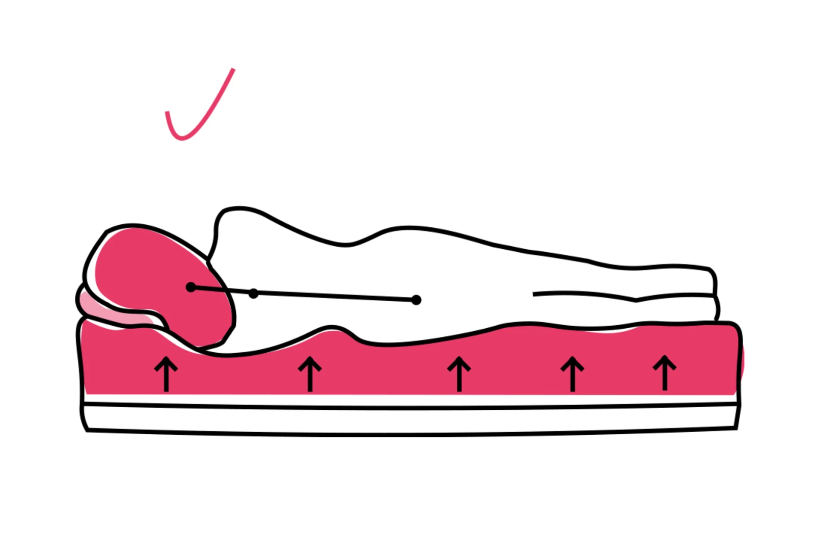 Illustration einer liegenden Person auf einer ergonomischen Matratze, die Körperkonturen unterstützt und Druckverteilung zeigt. Illustration einer liegenden Person auf einer ergonomischen Matratze, die Körperkonturen unterstützt und Druckverteilung zeigt.