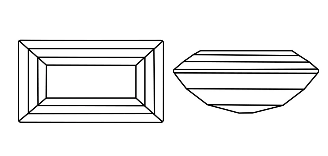 Zeichnung eines rechteckigen Edelsteinschliffs und eines Diamantschliffs in Linienoptik. Zeichnung eines rechteckigen Edelsteinschliffs und eines Diamantschliffs in Linienoptik.