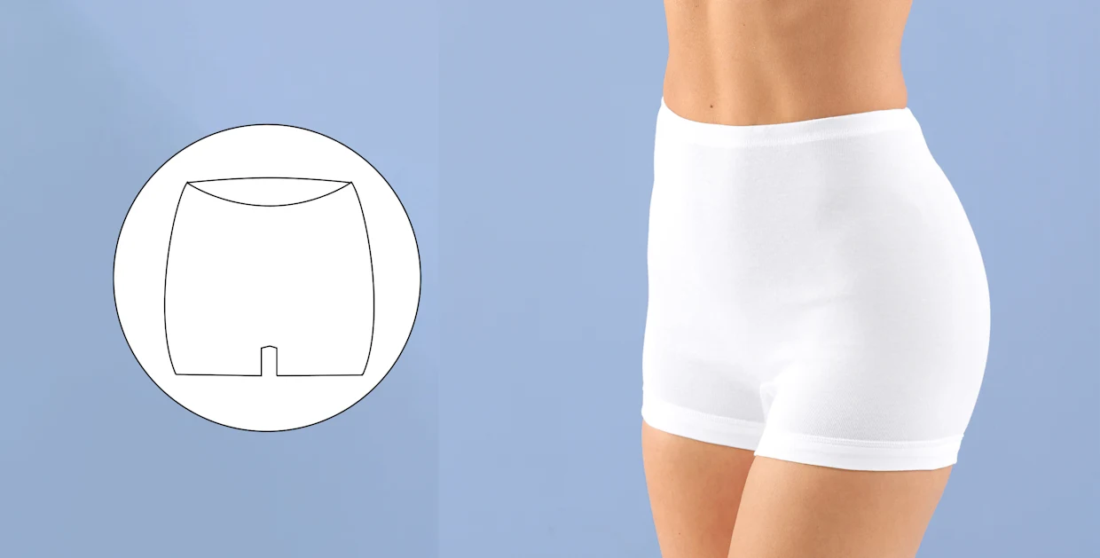 Weiße Damen-Unterhose mit hohem Bund, getragen, vor blauem Hintergrund und schematischer Detailansicht der Form.