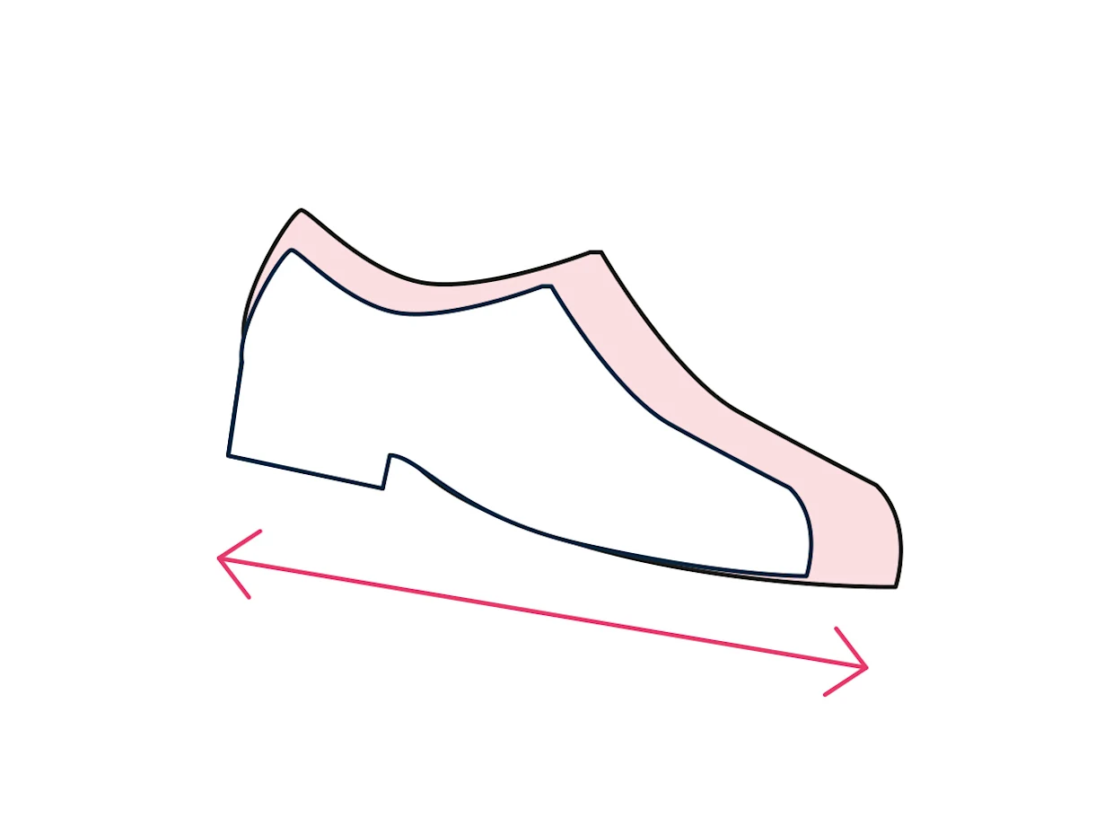 Illustration eines Schuhs mit einer roten Doppelpfeillinie, die die Länge des Schuhs darstellt.