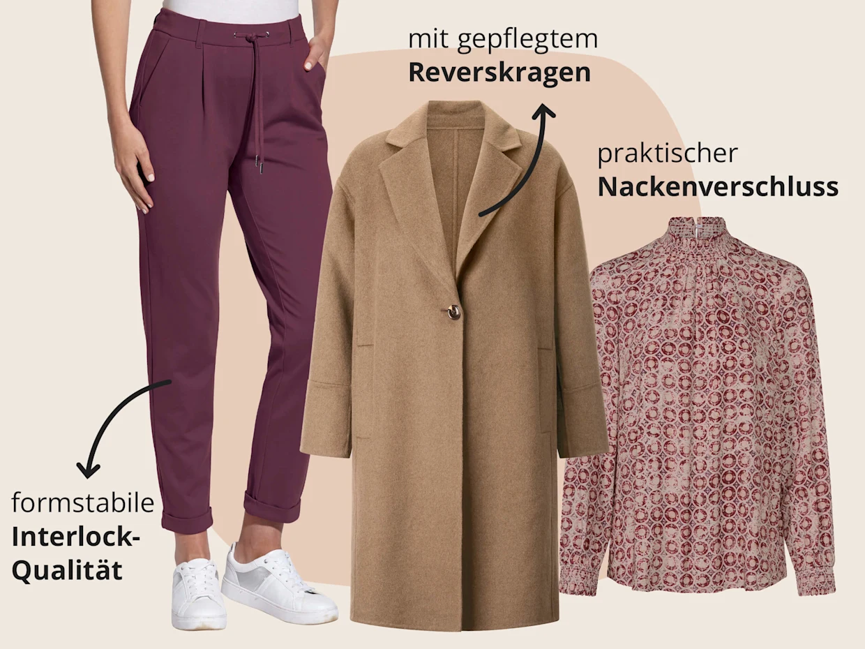 Das Bild zeigt einen camelfarbenen Kurzmantel, eine elfenbein-mauve-bedruckte Bluse und burgundfarbene Jogg Pants vor beige-orangenem Hintergrund mit schwarzem Text. Text zum Mantel: 'mit gepflegtem Reverskragen'. Text zur Bluse: 'praktischer Nackenverschluss'. Text zur Hose: 'formstabile Interlock-Qualität'. Das Bild zeigt einen camelfarbenen Kurzmantel, eine elfenbein-mauve-bedruckte Bluse und burgundfarbene Jogg Pants vor beige-orangenem Hintergrund mit schwarzem Text. Text zum Mantel: 'mit gepflegtem Reverskragen'. Text zur Bluse: 'praktischer Nackenverschluss'. Text zur Hose: 'formstabile Interlock-Qualität'.