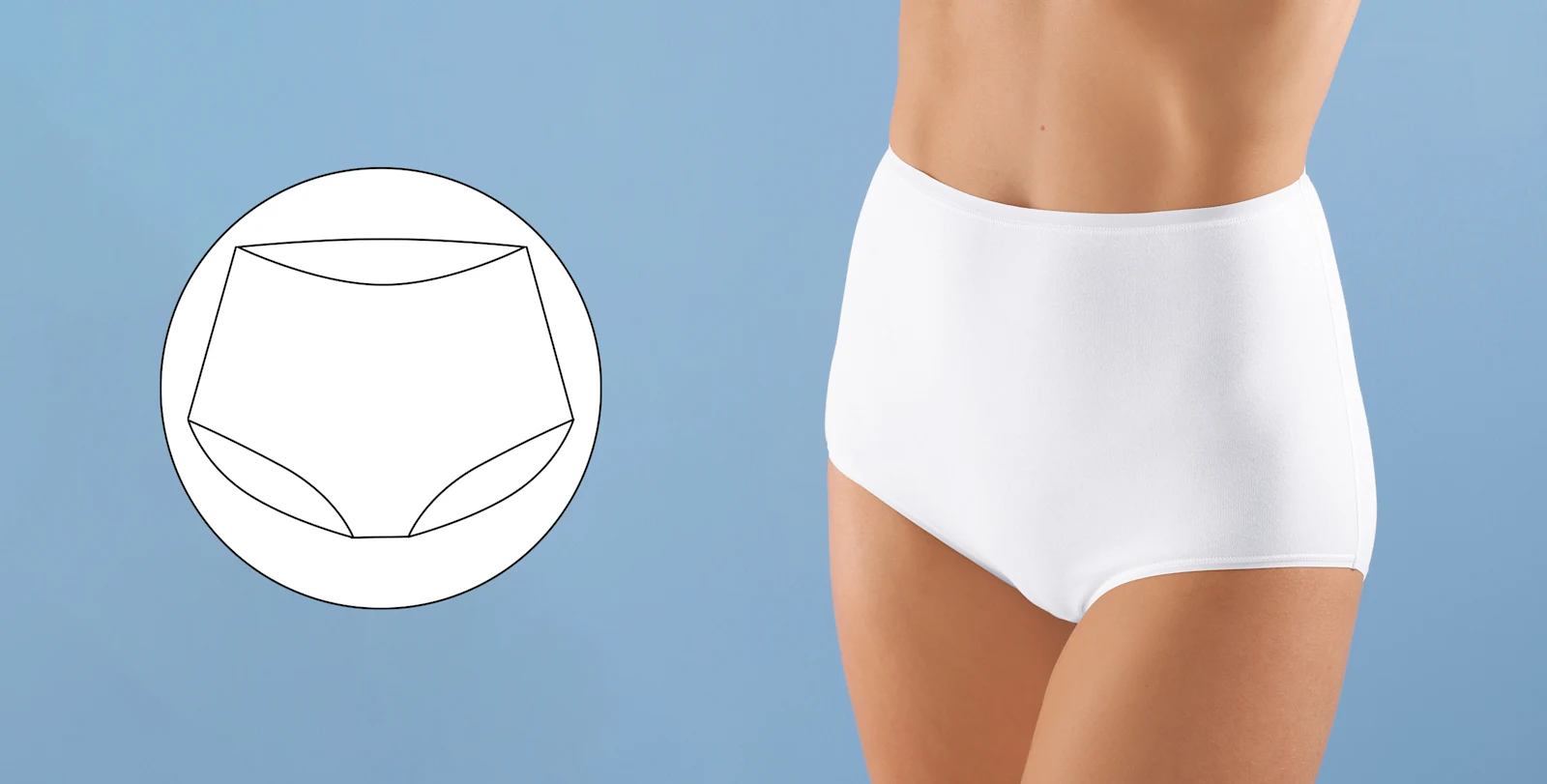 Damen-Taillenslip in Weiß mit hoher Passform, seitlicher Skizze zur Schnittdarstellung, vor blauem Hintergrund.