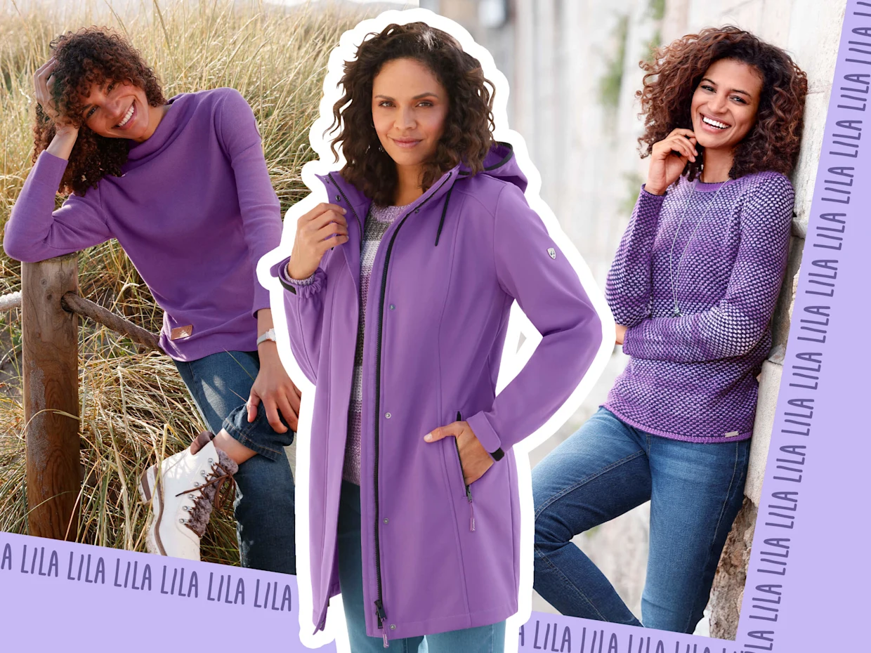 Collage mit drei Models: Das Model auf der linken Seite trägt einen lila Pullover, das Model in der Mitte trägt eine lila Softshell Jacke und das Model auf der rechten Seite trägt einen lila-marine-gemusterten Pullover. Collage mit drei Models: Das Model auf der linken Seite trägt einen lila Pullover, das Model in der Mitte trägt eine lila Softshell Jacke und das Model auf der rechten Seite trägt einen lila-marine-gemusterten Pullover.