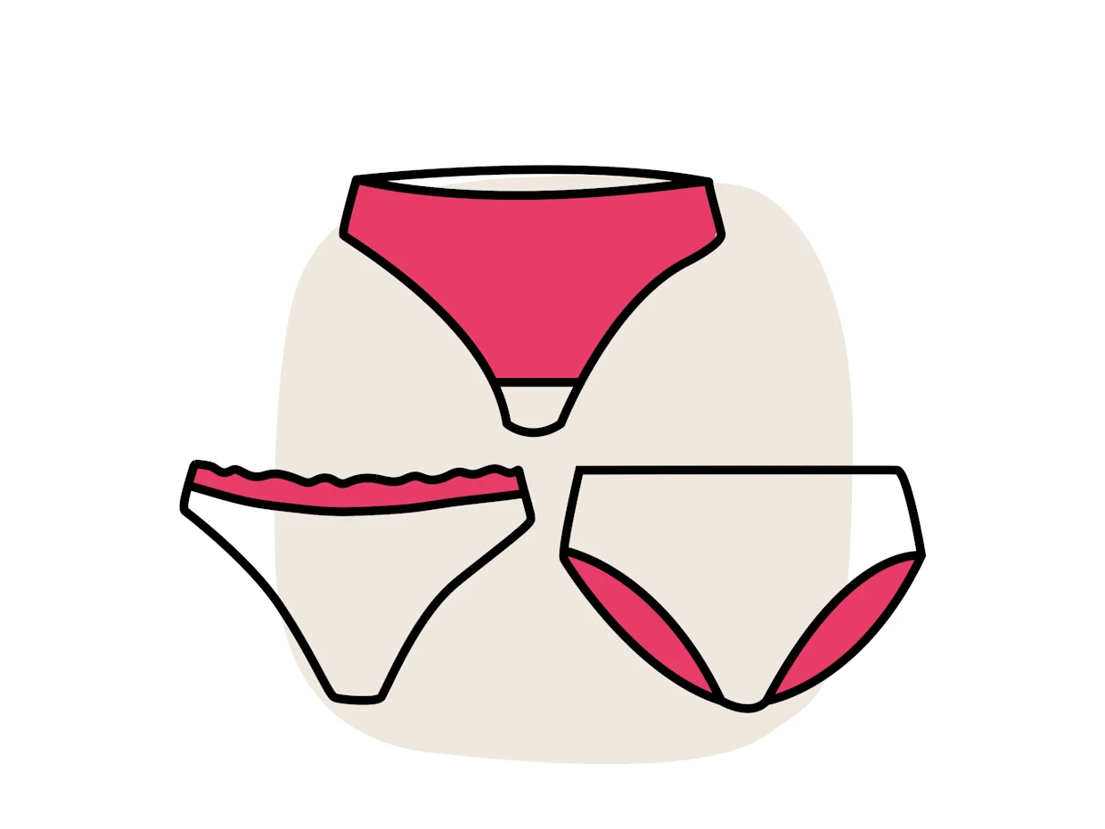 Illustration von drei verschiedenen Damenunterhosen in Rosa und Weiß vor einem beige-farbenen Hintergrund.