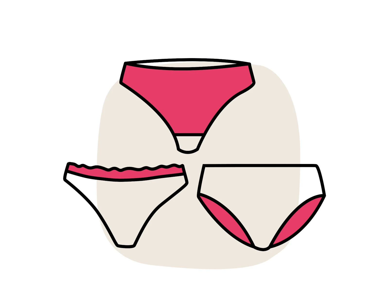 Illustration von drei verschiedenen Damenunterhosen in Rosa und Weiß vor einem beige-farbenen Hintergrund.