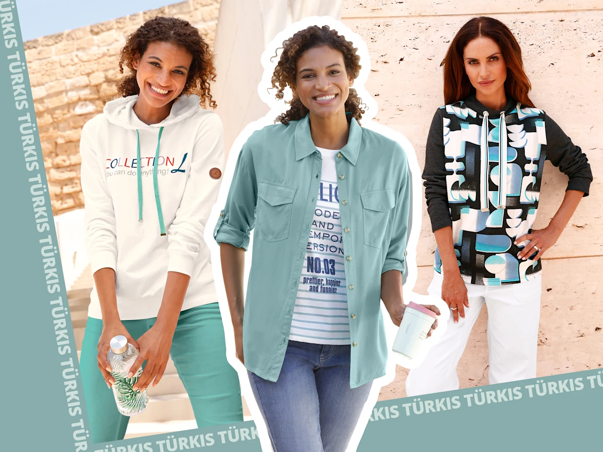 Die Collage zeigt drei Frauen in verschiedenen Outfits. Die linke Frau trägt einen weißen Hoodie mit der Aufschrift "Collection L" und grüne Hosen. Die mittlere Frau trägt ein hellblaues Hemd über einem T-Shirt mit einem grafischen Druck und hellblaue Jeans. Die rechte Frau trägt einen schwarzen Pullover mit bunten geometrischen Mustern und weiße Hosen. Die Collage zeigt drei Frauen in verschiedenen Outfits. Die linke Frau trägt einen weißen Hoodie mit der Aufschrift "Collection L" und grüne Hosen. Die mittlere Frau trägt ein hellblaues Hemd über einem T-Shirt mit einem grafischen Druck und hellblaue Jeans. Die rechte Frau trägt einen schwarzen Pullover mit bunten geometrischen Mustern und weiße Hosen.