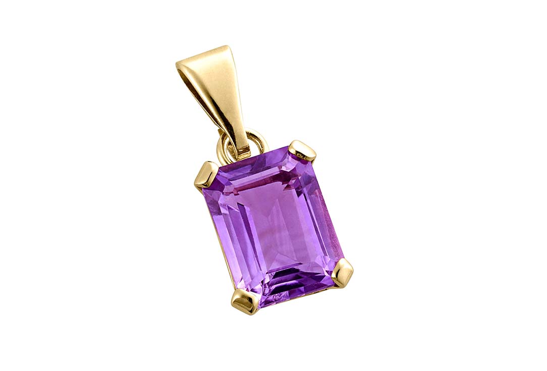Goldener Anhänger mit rechteckigem, lila Amethyst-Edelstein.