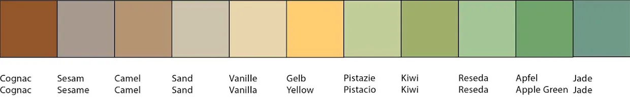 Farbpalette mit neun rechteckigen Farbfeldern, darunter Cognac, Sesam, Camel, Sand, Vanille, Gelb, Pistazie, Kiwi, Reseda, Apfelgrün und Jade, je mit Beschriftung. Farbpalette mit neun rechteckigen Farbfeldern, darunter Cognac, Sesam, Camel, Sand, Vanille, Gelb, Pistazie, Kiwi, Reseda, Apfelgrün und Jade, je mit Beschriftung.