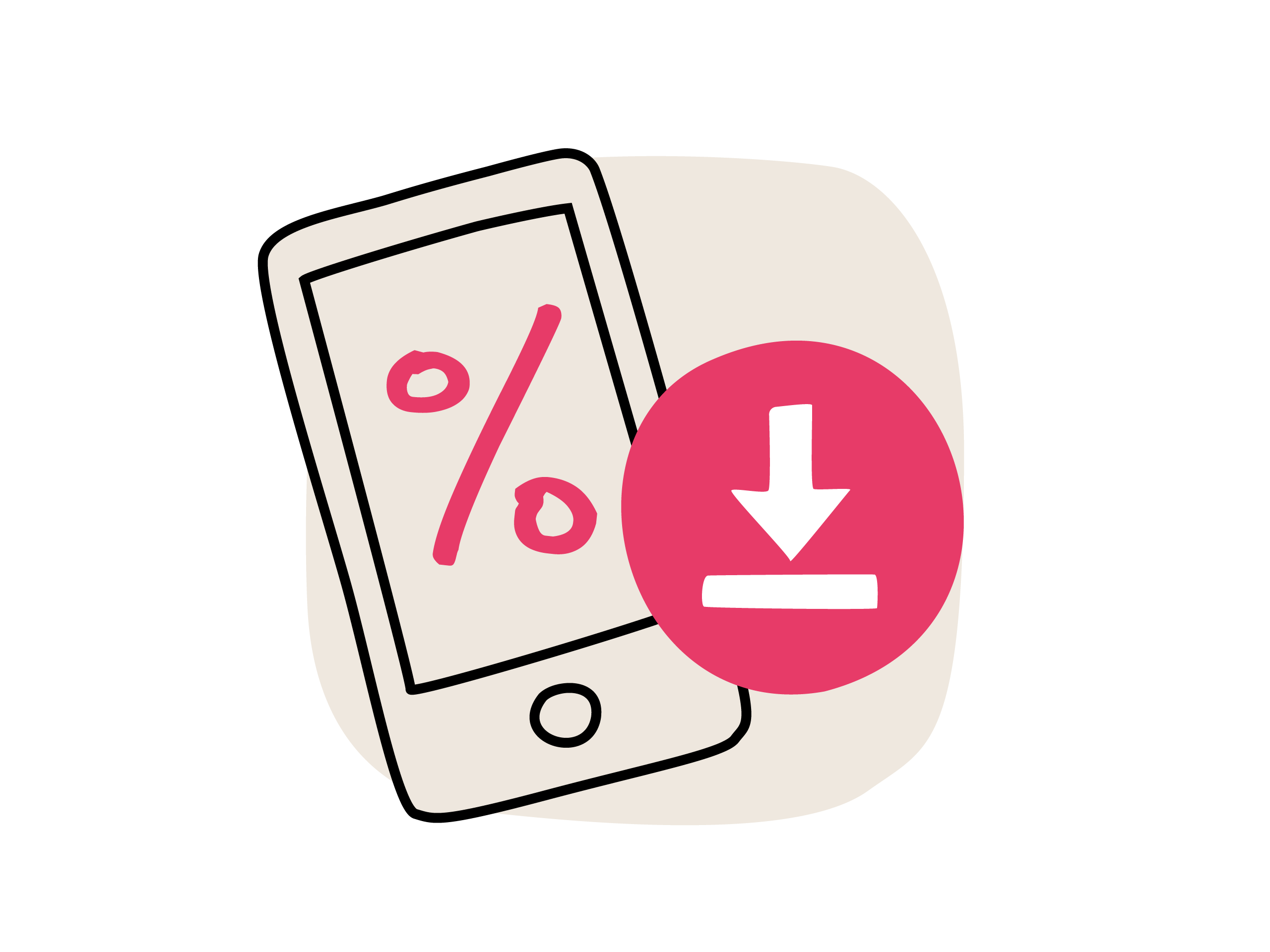 Illustration eines Smartphones mit rosa Prozentzeichen und einem rosa Kreis mit weißem Download-Pfeil.
