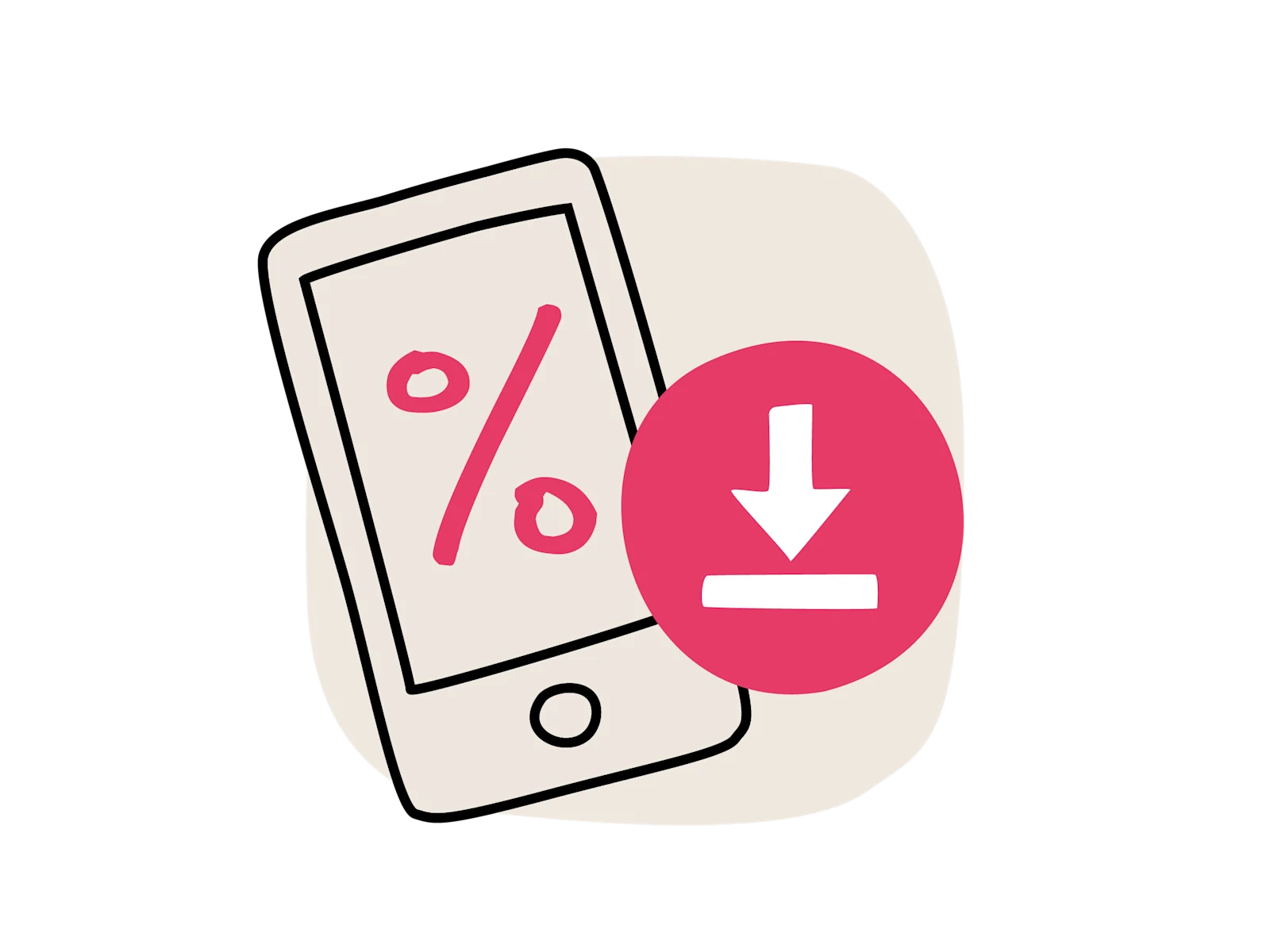 Illustration eines Smartphones mit rosa Prozentzeichen und einem rosa Kreis mit weißem Download-Pfeil.