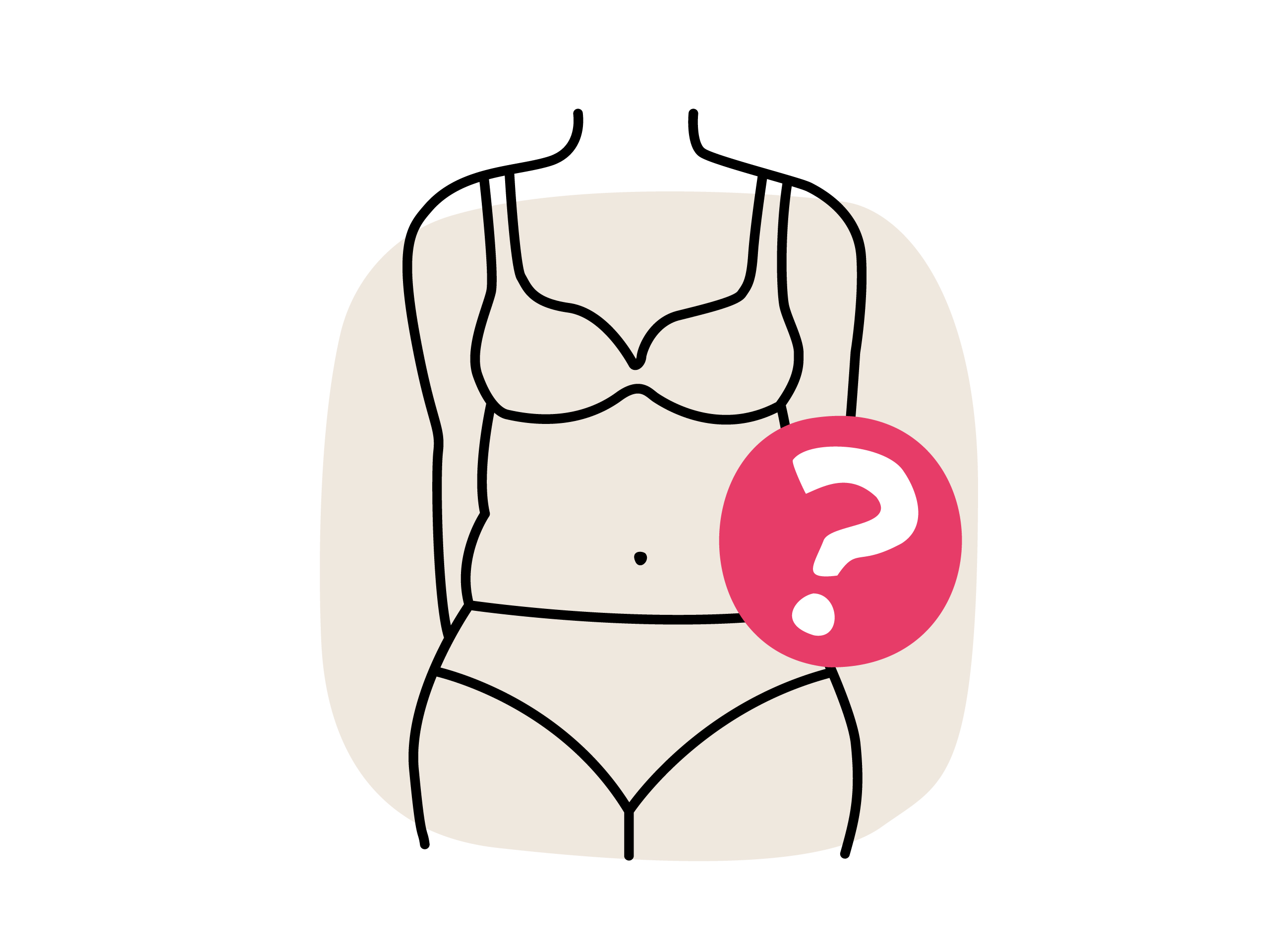 Eine Illustration, die einen stilisierten Körper in Unterwäsche zeigt, wobei leichtes Bauchfett angedeutet ist. Neben dem Körper befindet sich ein roter Kreis mit einem Fragezeichen in Weiß, der für Problemzonenberatung steht.