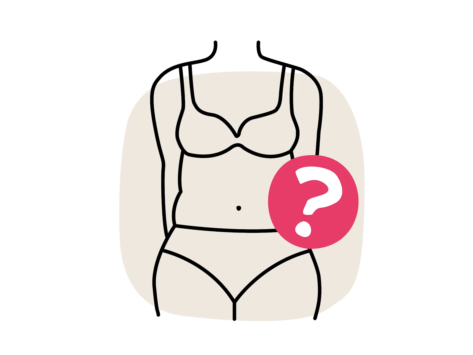Eine Illustration, die einen stilisierten Körper in Unterwäsche zeigt, wobei leichtes Bauchfett angedeutet ist. Neben dem Körper befindet sich ein roter Kreis mit einem Fragezeichen in Weiß, der für Problemzonenberatung steht.
