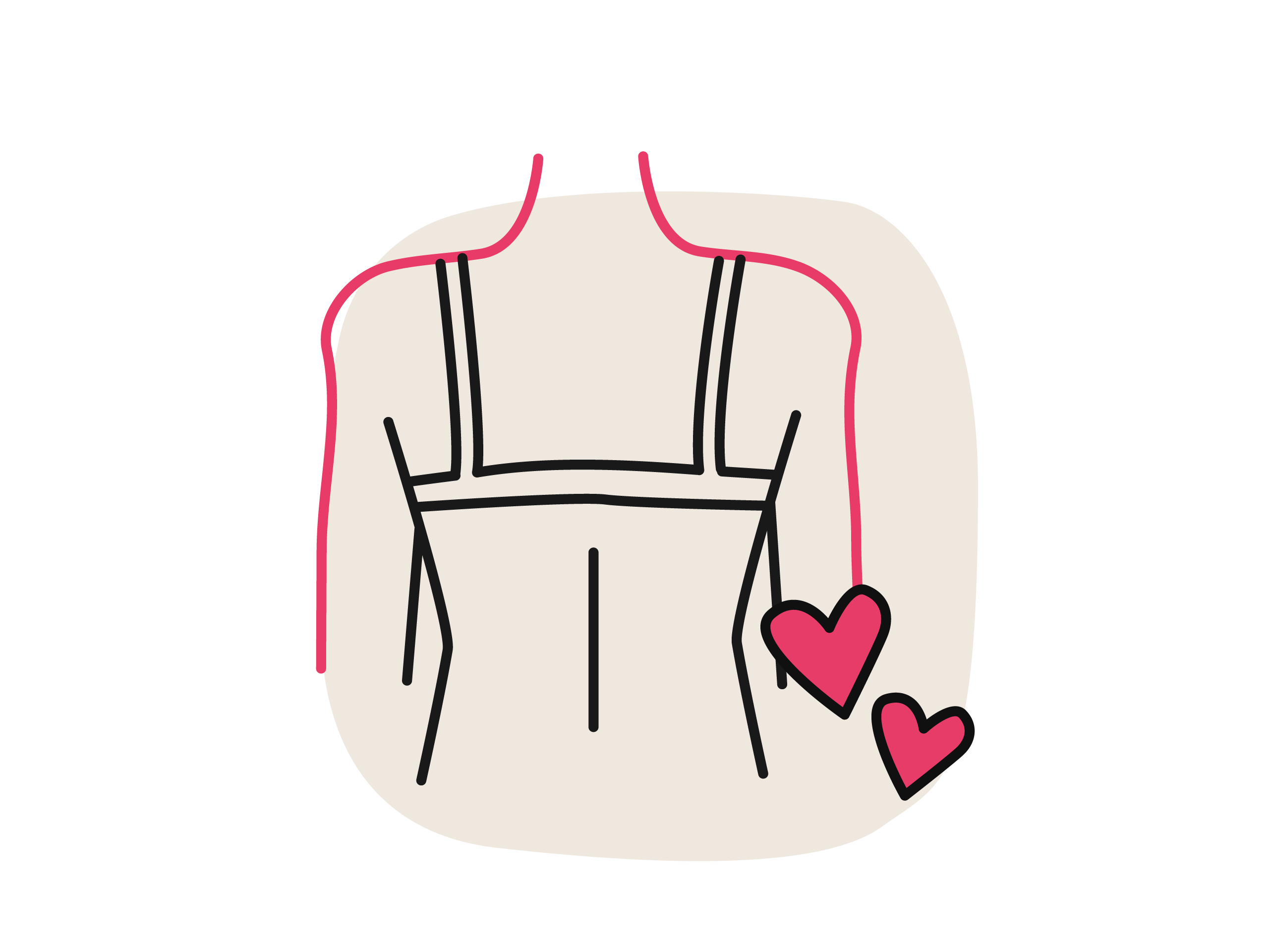 Illustration einer Rückenansicht: Rote Linien betonen die äußere Schulterpartie und Arme. Zwei kleine Herzen daneben.