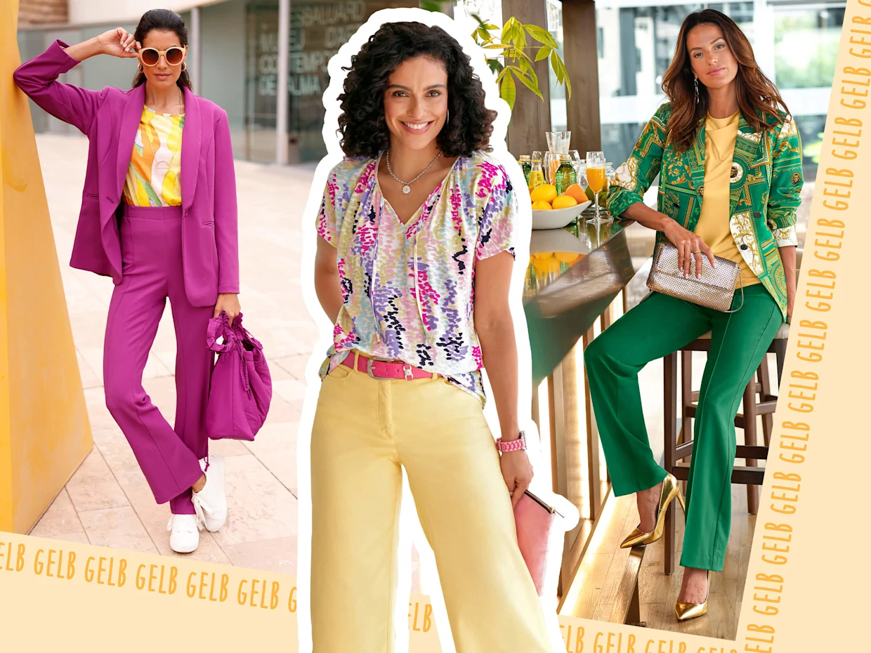 Collage mit drei Models: Das Model auf der linken Seite trägt ein limone-flieder-bedrucktes Shirt, das Model in der Mitte trägt eine zitronefarbene Culotte und das Model auf der rechten Seite trägt ein gelbes ärmelloses Shirt. Collage mit drei Models: Das Model auf der linken Seite trägt ein limone-flieder-bedrucktes Shirt, das Model in der Mitte trägt eine zitronefarbene Culotte und das Model auf der rechten Seite trägt ein gelbes ärmelloses Shirt.