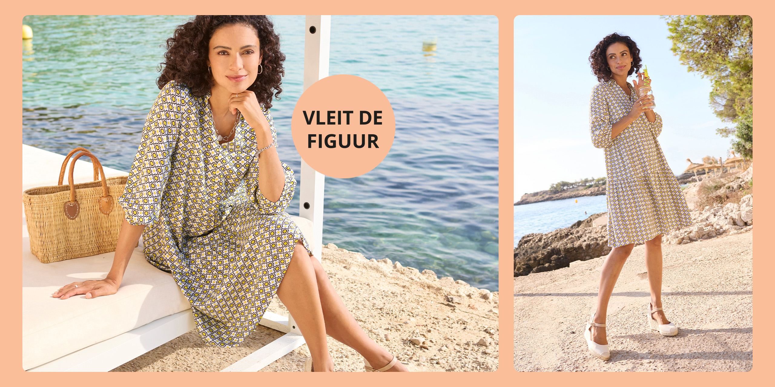 Vrouw in zomerjurk met print bij de zee. Tekst in cirkel: „VLEIT DE FIGUUR“. Zonnige, zomerse sfeer.