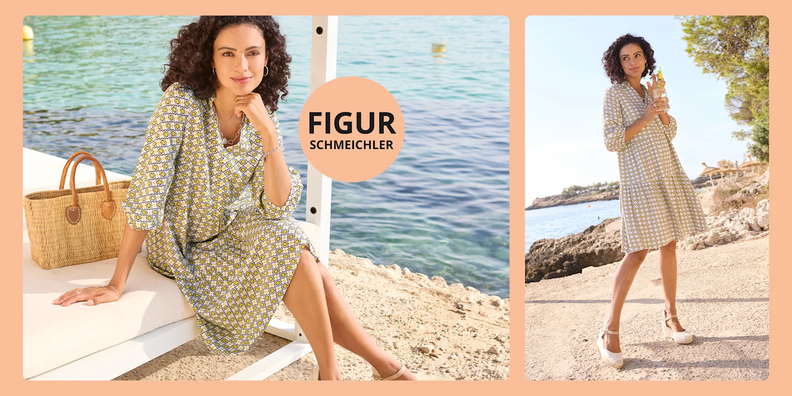 Frau in gemustertem Sommerkleid sitzt am Meer. Text im Kreis: „FIGUR SCHMEICHLER“. Helles, sommerliches Ambiente.