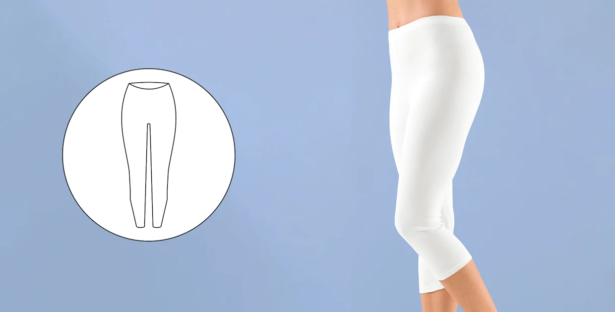 Weiße Damen-Leggings in 3/4-Länge vor hellblauem Hintergrund, mit Schnittzeichnung im Kreis eingeblendet.