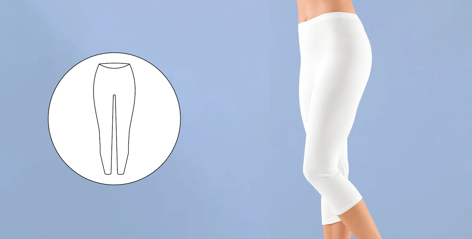 Weiße Damen-Leggings in 3/4-Länge vor hellblauem Hintergrund, mit Schnittzeichnung im Kreis eingeblendet.