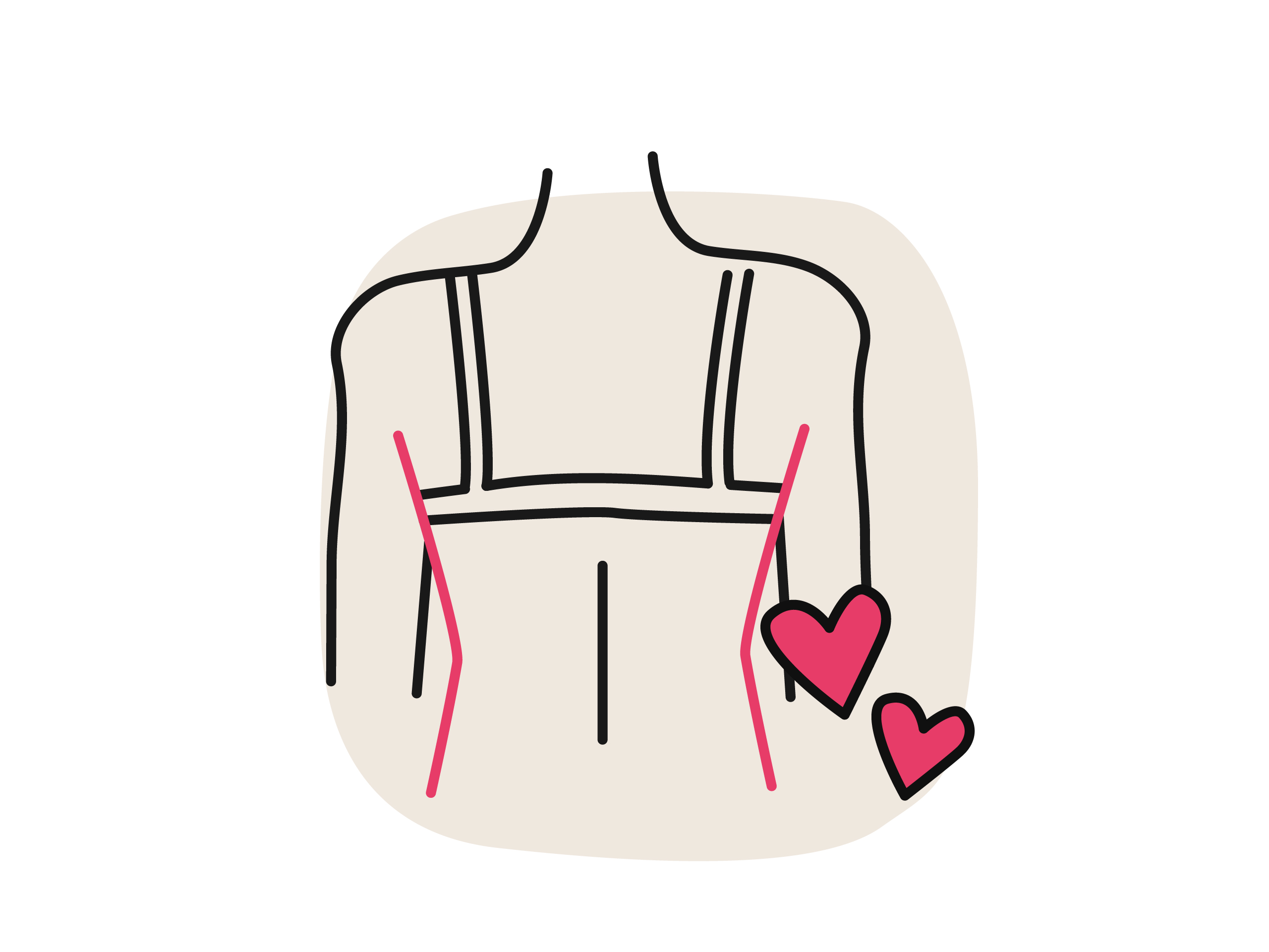 Illustration einer Rückenansicht mit BH: Rote Linien markieren die seitliche Rückenpartie. Zwei kleine Herzen daneben.