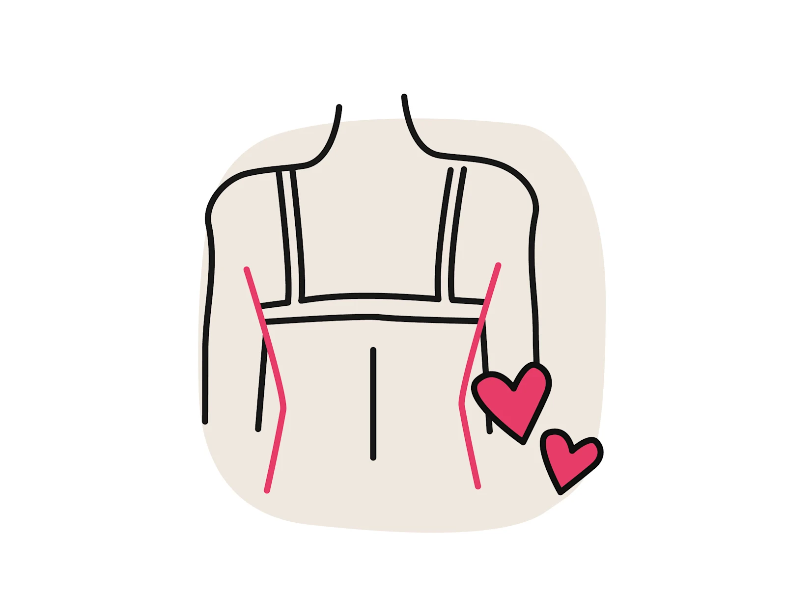 Illustration einer Rückenansicht mit BH: Rote Linien markieren die seitliche Rückenpartie. Zwei kleine Herzen daneben.