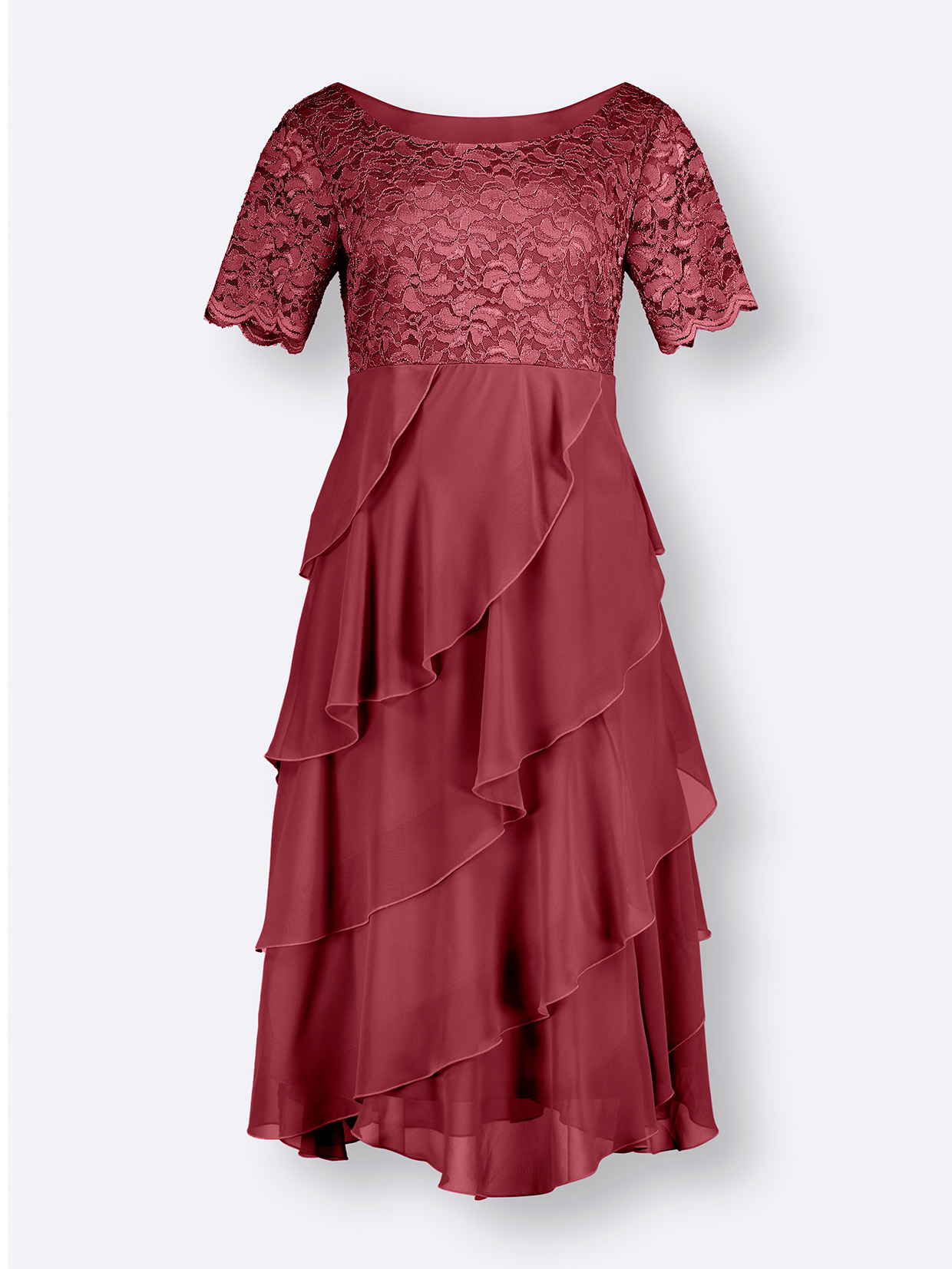 Bordeauxfarbenes Cocktailkleid mit Spitzenoberteil und kurzen Ärmeln, sowie einem mehrlagigen, fließenden Rock.