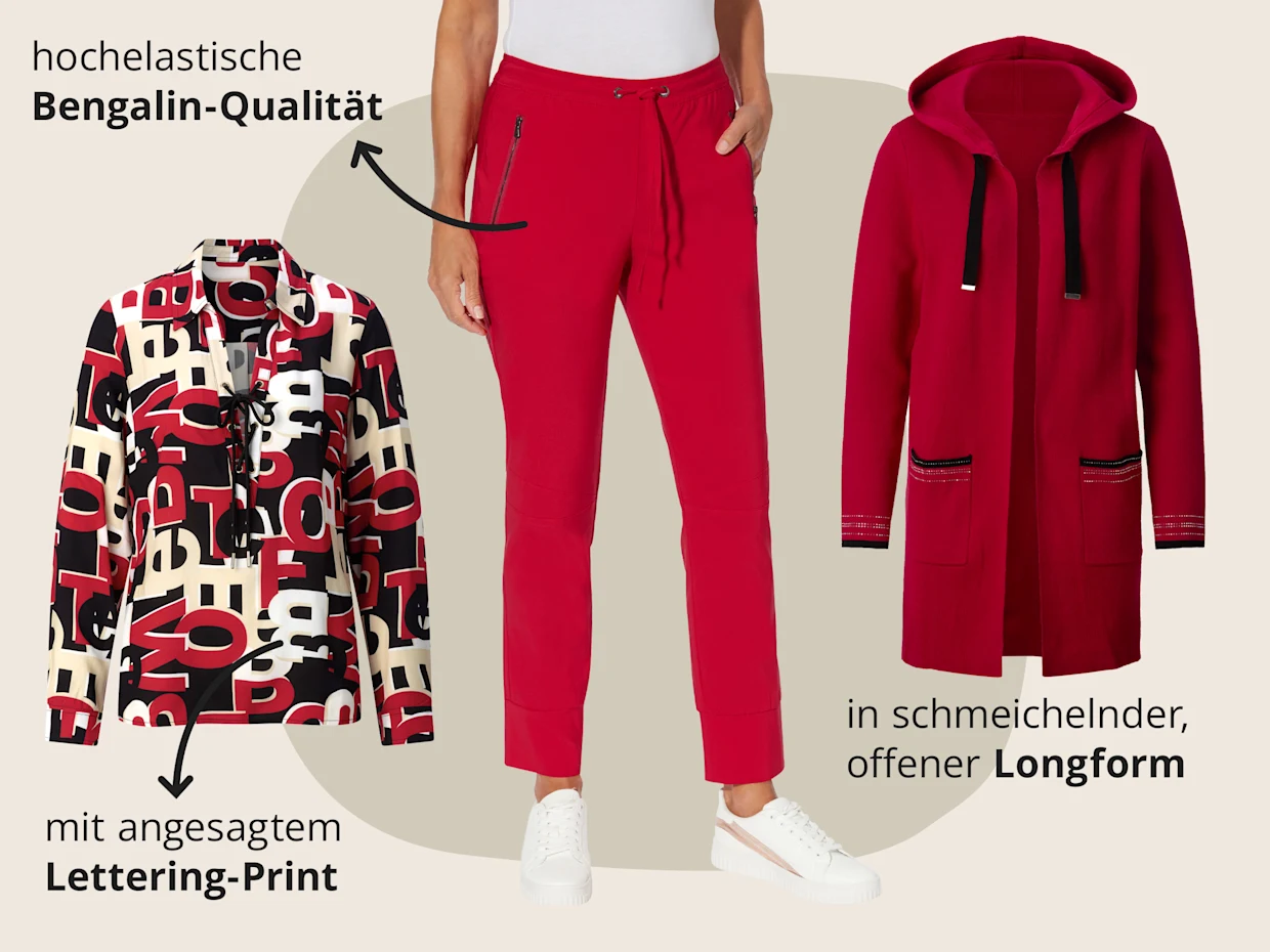Das Bild zeigt eine rot-schwarz-bedruckte Langarmbluse, eine rote Longstrickjacke und rote Jogg Pants vor beige-hellbraunem Hintergrund mit schwarzem Text. Text zur Bluse: 'mit angesagtem Lettering-Print'. Text zur Jacke: 'in schmeichelnder, offener Longform'. Text zur Hose: 'hochelastische Bengalin-Qualität'. Das Bild zeigt eine rot-schwarz-bedruckte Langarmbluse, eine rote Longstrickjacke und rote Jogg Pants vor beige-hellbraunem Hintergrund mit schwarzem Text. Text zur Bluse: 'mit angesagtem Lettering-Print'. Text zur Jacke: 'in schmeichelnder, offener Longform'. Text zur Hose: 'hochelastische Bengalin-Qualität'.